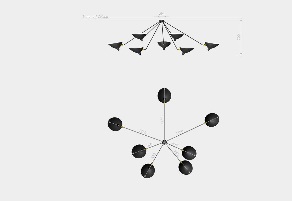 Plafonnier 2 Bras Fixe, Serge mouille, Serge mouille editions